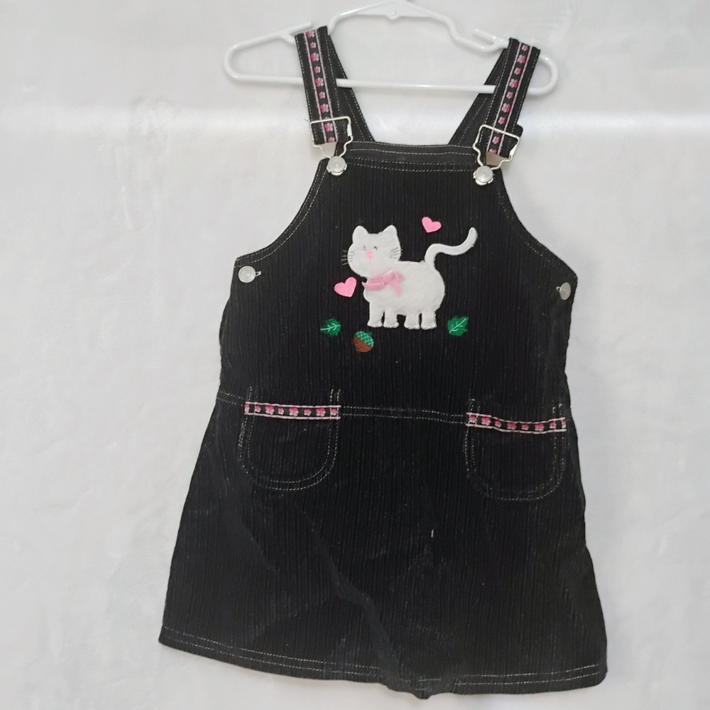 Vtg Baby Togs 5T ? Black Corduroy Fuzzy‎ Cat Overall Jumper Dress Pockets